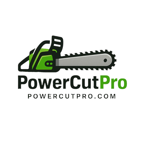 Logo of PowerCutPro with a chainsaw graphic on a white background