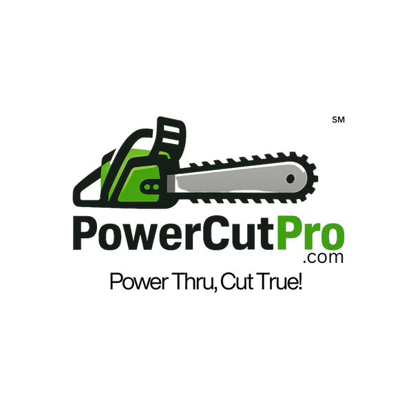 Logo of PowerCutPro with a chainsaw illustration on a white background
